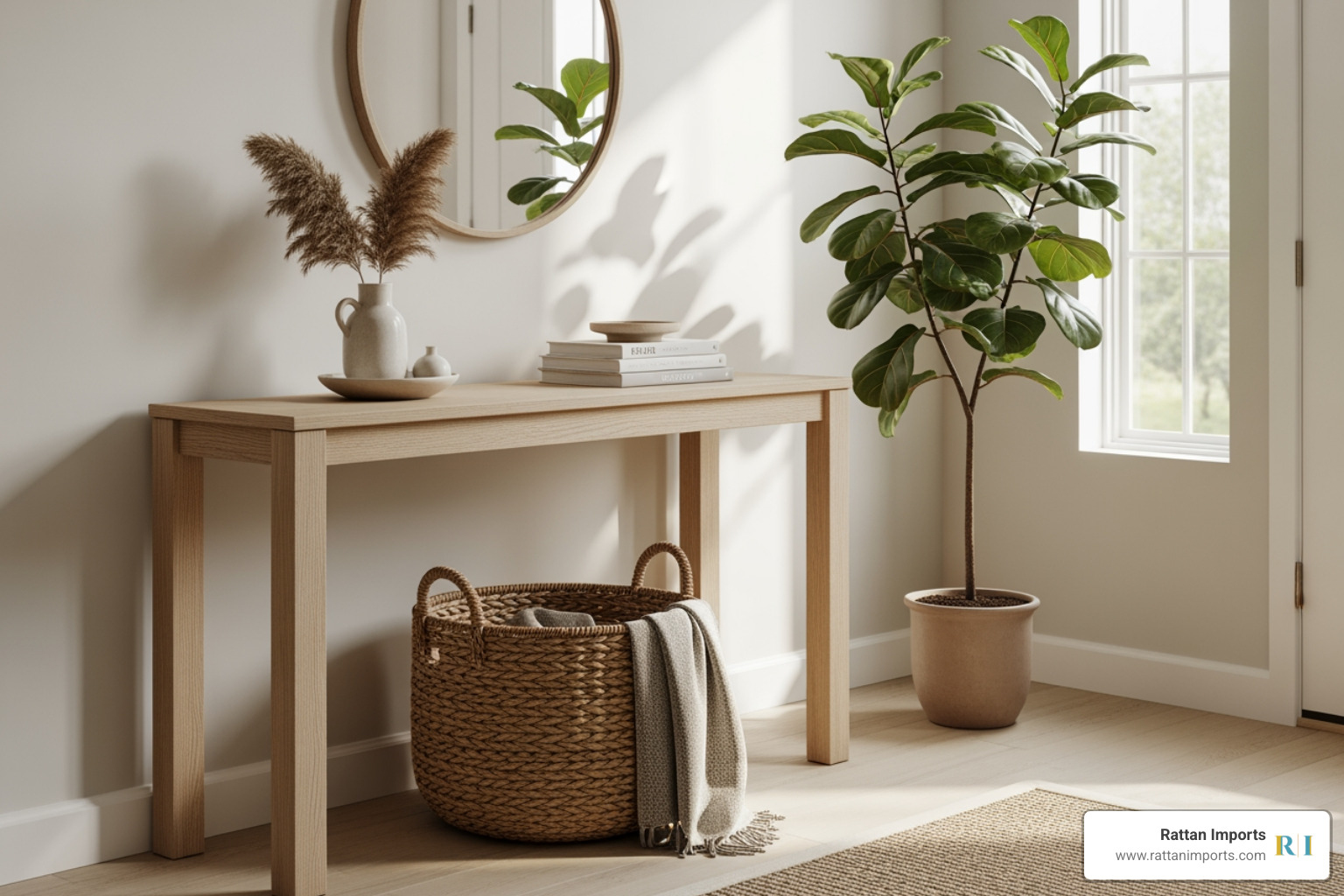 California coastal entryway with console table, woven basket, and large plant - California coastal interior California coastal entryway with console table, woven basket, and large plant - California coastal interior