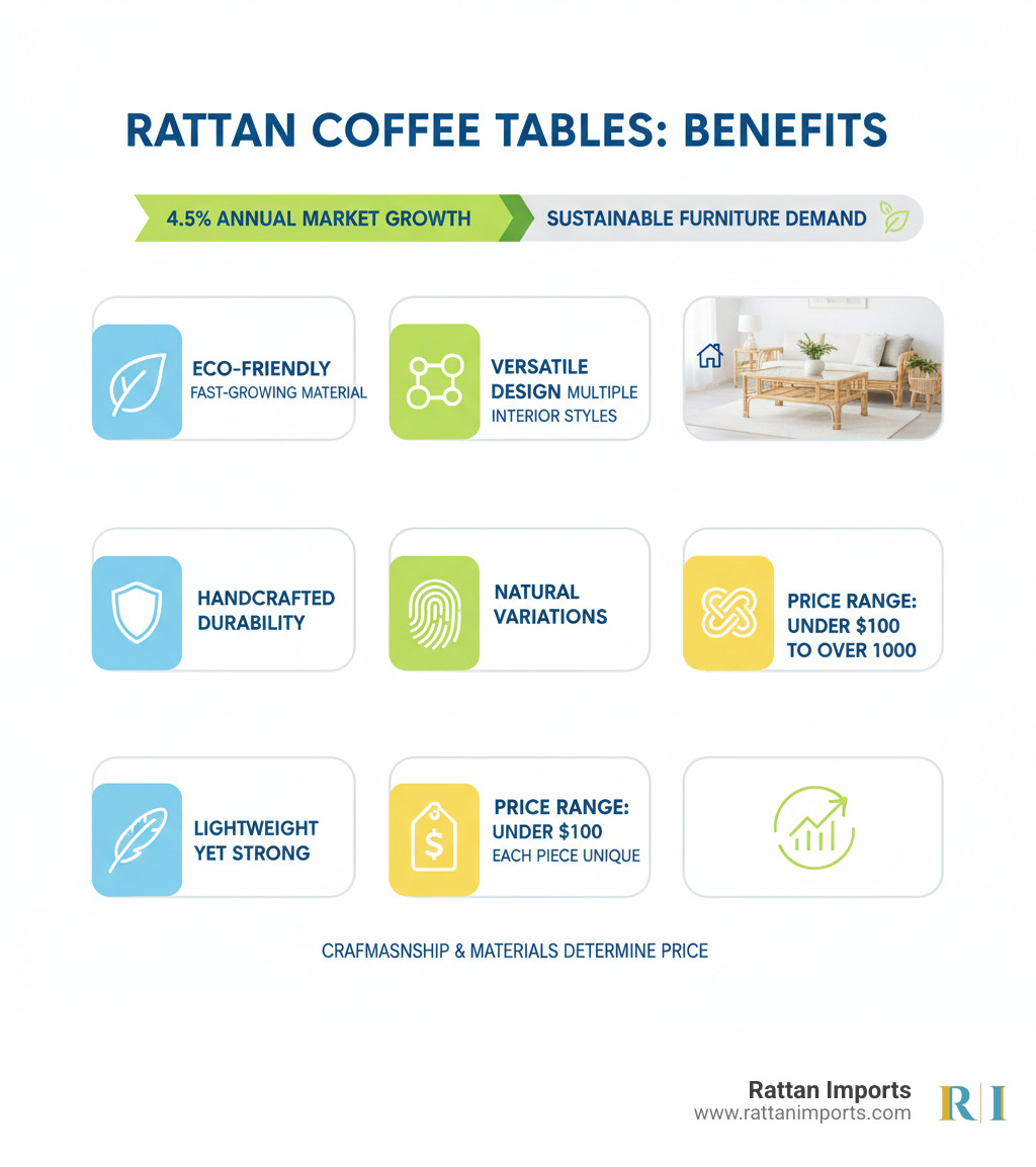 Infographic showing the benefits of rattan coffee tables: 4.5% annual market growth reflecting rising demand for sustainable furniture; key advantages including eco-friendly fast-growing material, handcrafted durability, lightweight yet strong construction, versatile design compatibility with multiple interior styles, natural variations making each piece unique, and price ranges from under $100 to over $1000 depending on craftsmanship and materials - Rattan coffee table infographic 