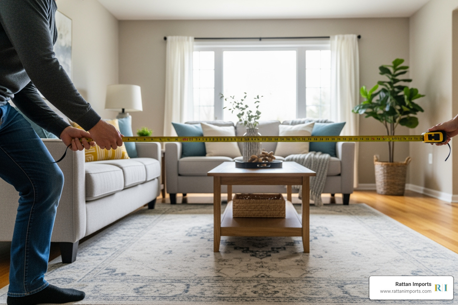 person measuring living room space - Rattan coffee table