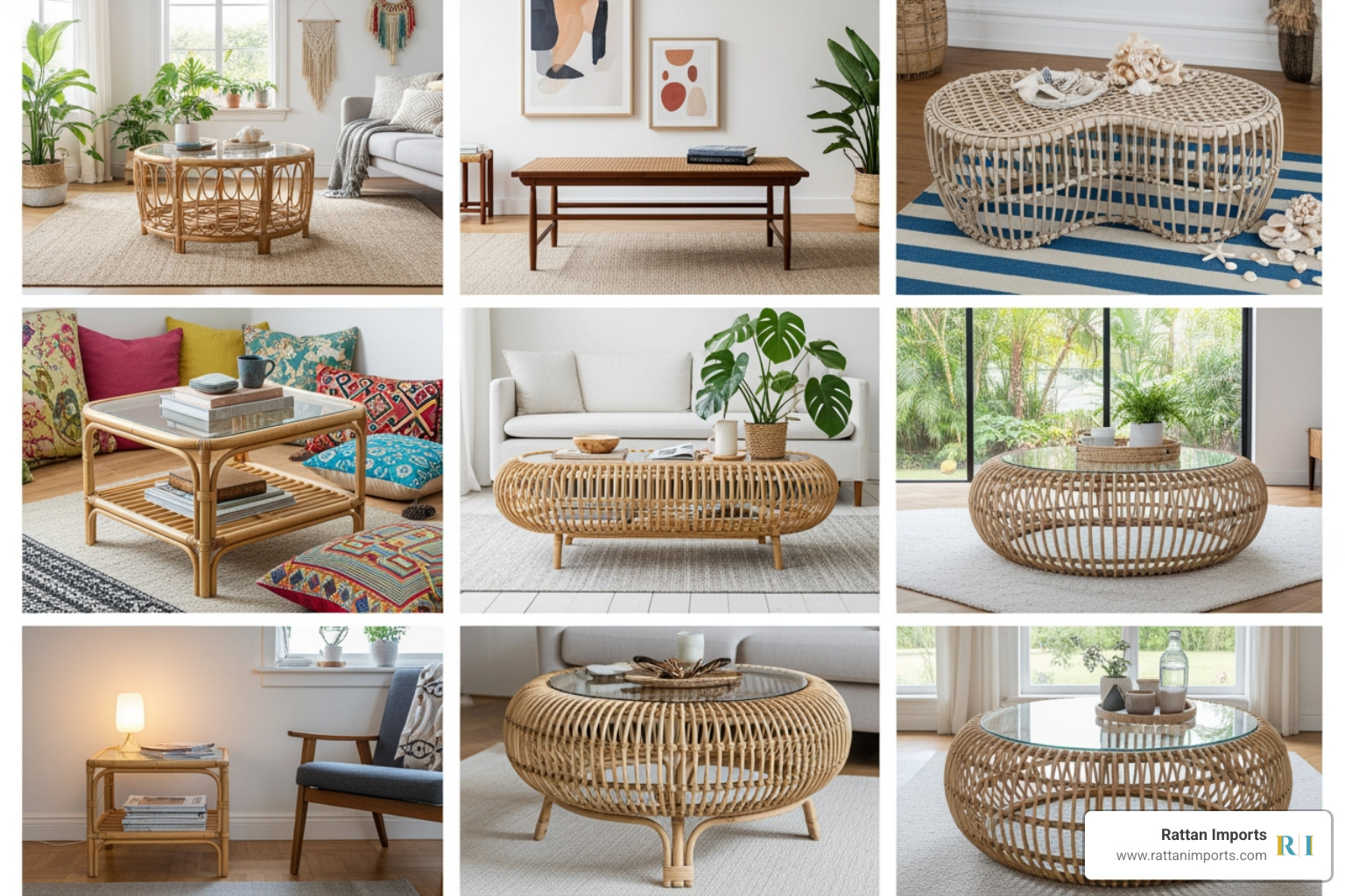 collage of different rattan coffee table styles - Rattan coffee table