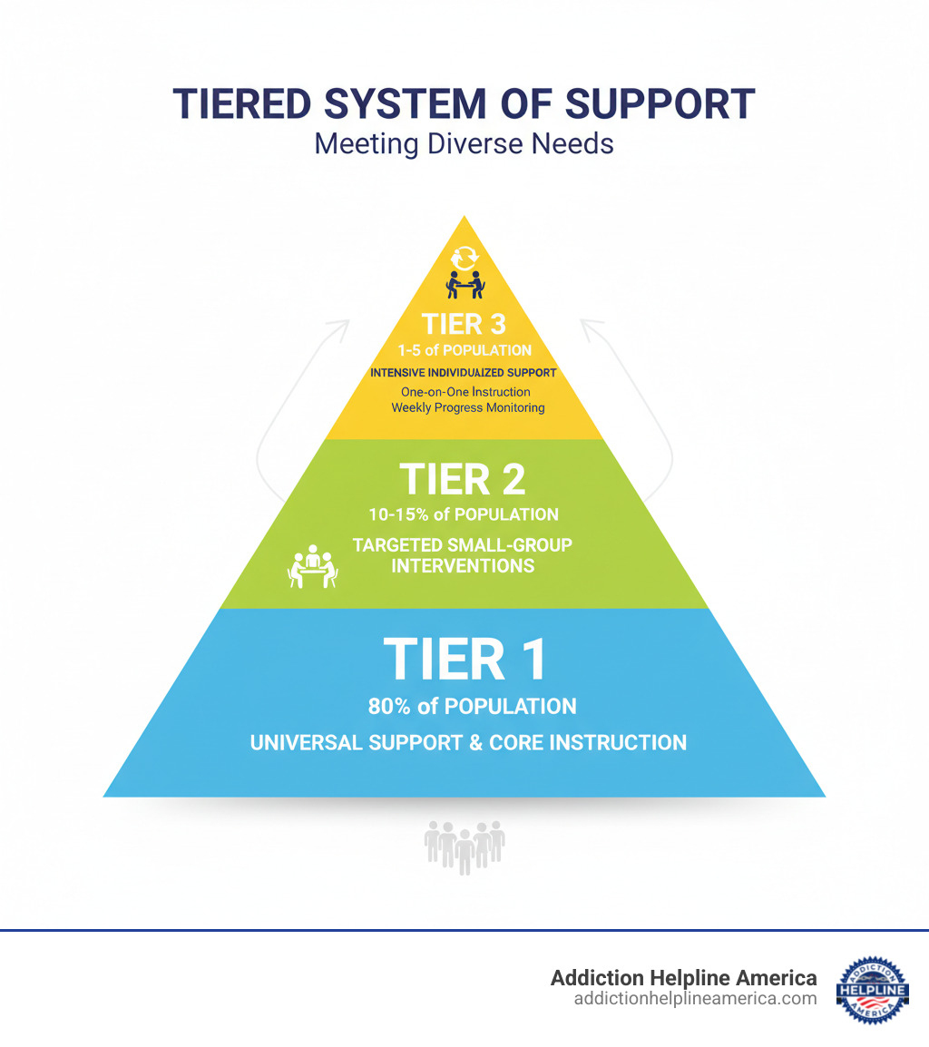 Infographic showing three-tier pyramid with Tier 1 at base serving 80% of population with universal support and core instruction, Tier 2 in middle serving 10-15% with targeted small-group interventions, and Tier 3 at top serving 1-5% with intensive individualized support including one-on-one instruction, wraparound services, and weekly progress monitoring - tier 3 intervention infographic Infographic showing three-tier pyramid with Tier 1 at base serving 80% of population with universal support and core instruction, Tier 2 in middle serving 10-15% with targeted small-group interventions, and Tier 3 at top serving 1-5% with intensive individualized support including one-on-one instruction, wraparound services, and weekly progress monitoring - tier 3 intervention infographic