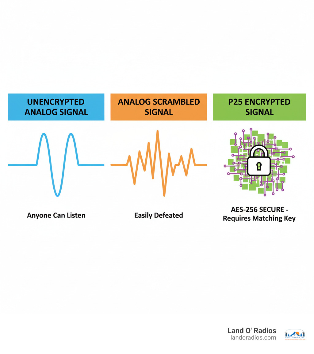 Infographic showing three radio signal types: unencrypted analog signal with clear waveform labeled 'Anyone Can Listen', analog scrambled signal with inverted waveform labeled 'Easily Defeated', and P25 encrypted signal with complex digital pattern and lock icon labeled 'AES-256 Secure - Requires Matching Key' - p25 encryption infographic 