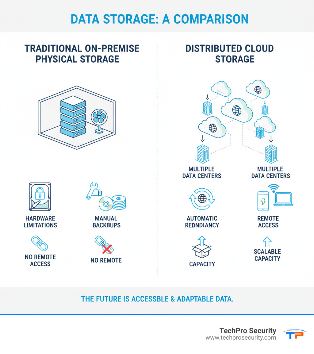 Infographic comparing traditional on-premise physical storage (showing local servers, hardware limitations, and manual backups) versus distributed cloud storage (showing multiple data centers, automatic redundancy, remote access, and scalable capacity) - unlimited cloud storage infographic 