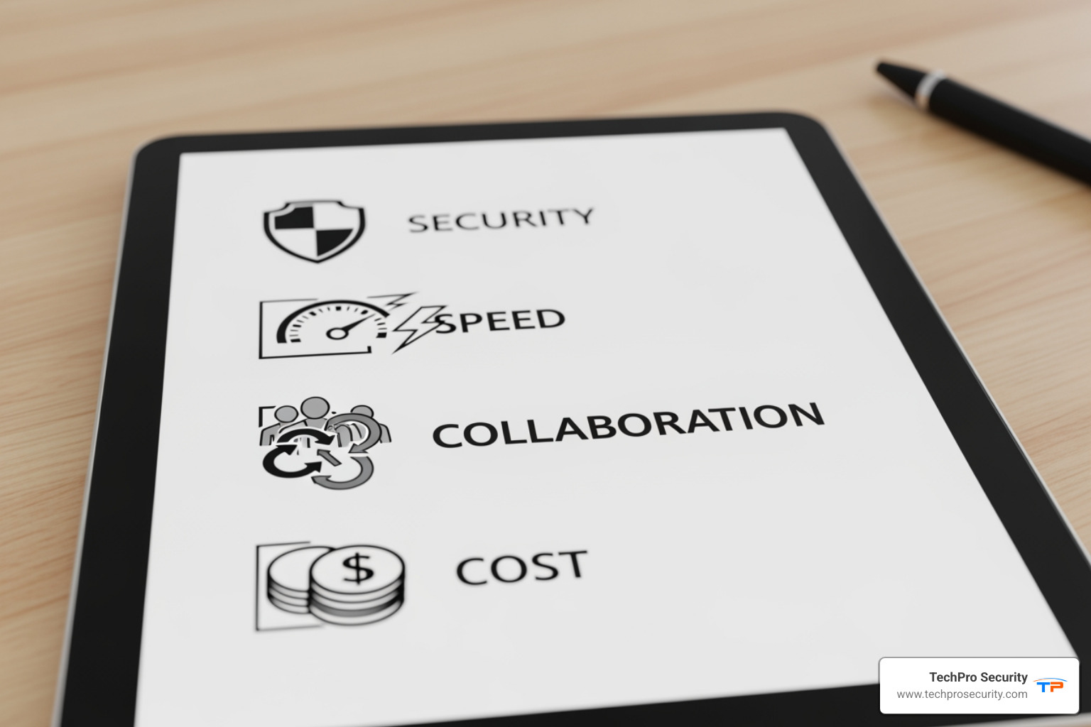 A checklist with icons for security, speed, collaboration, and cost, symbolizing key features to consider. - unlimited cloud storage