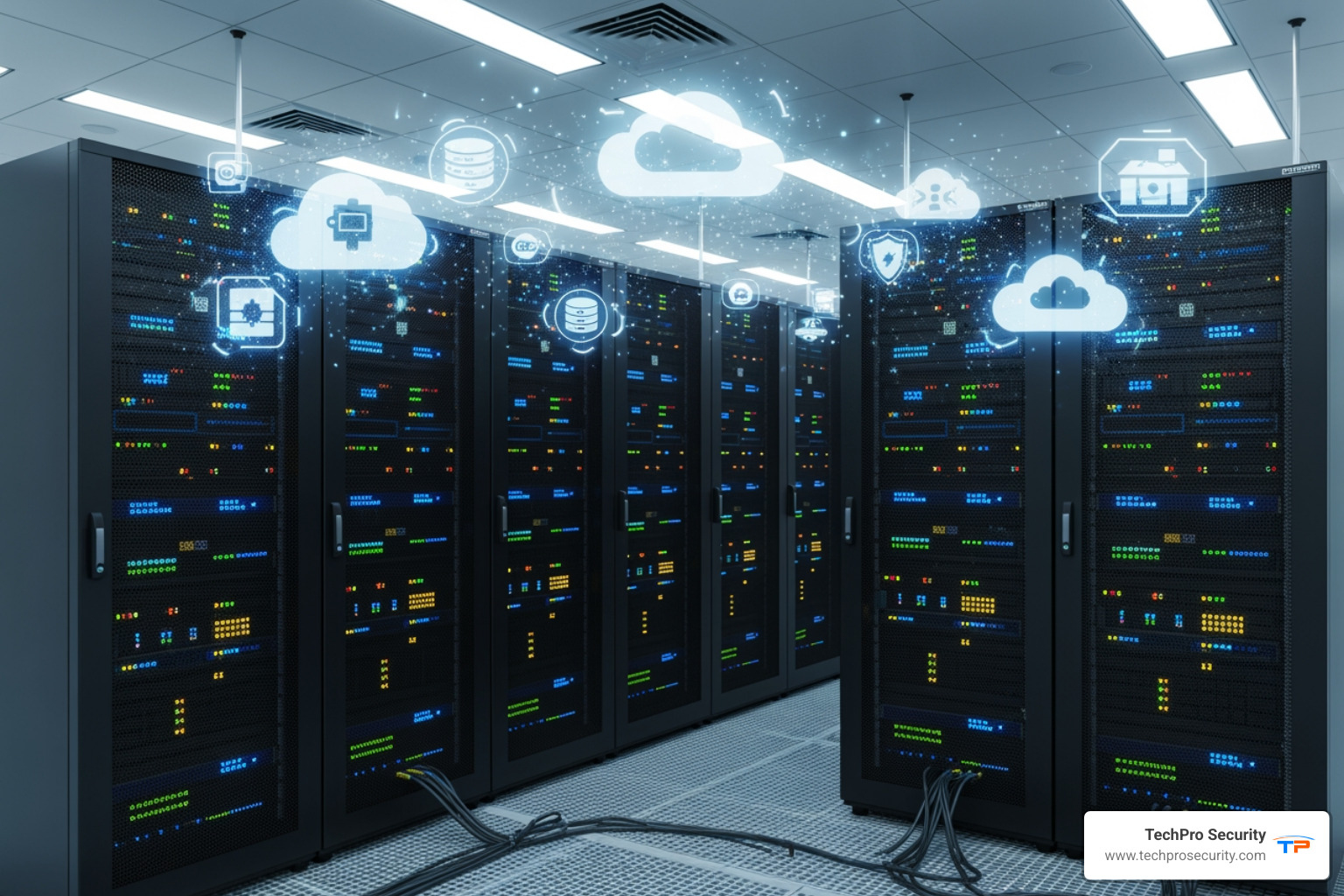 A secure server room with cloud icons floating above, symbolizing cloud-based security and data management. - unlimited cloud storage