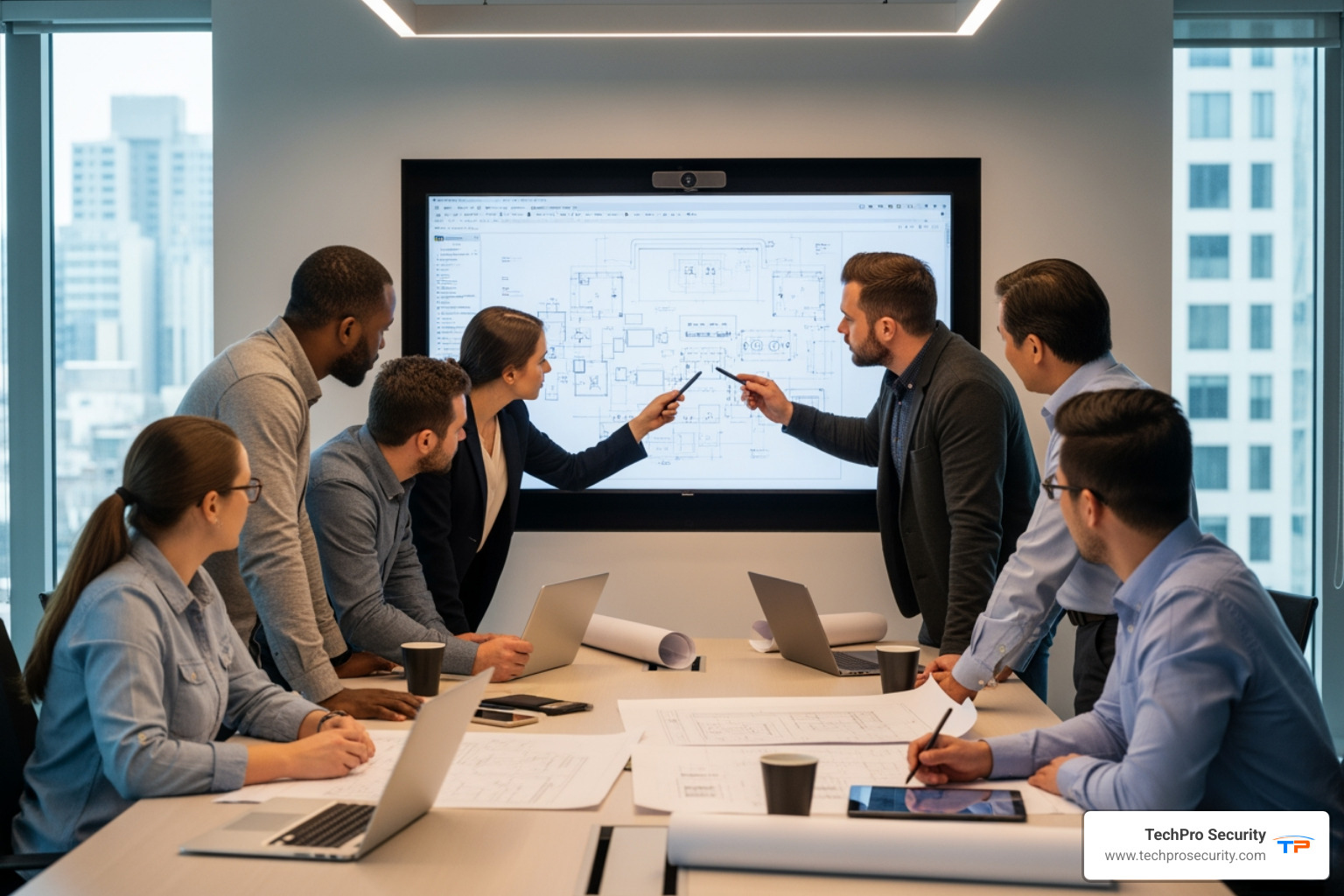 team of AV professionals collaborating on a project plan - audio visual co