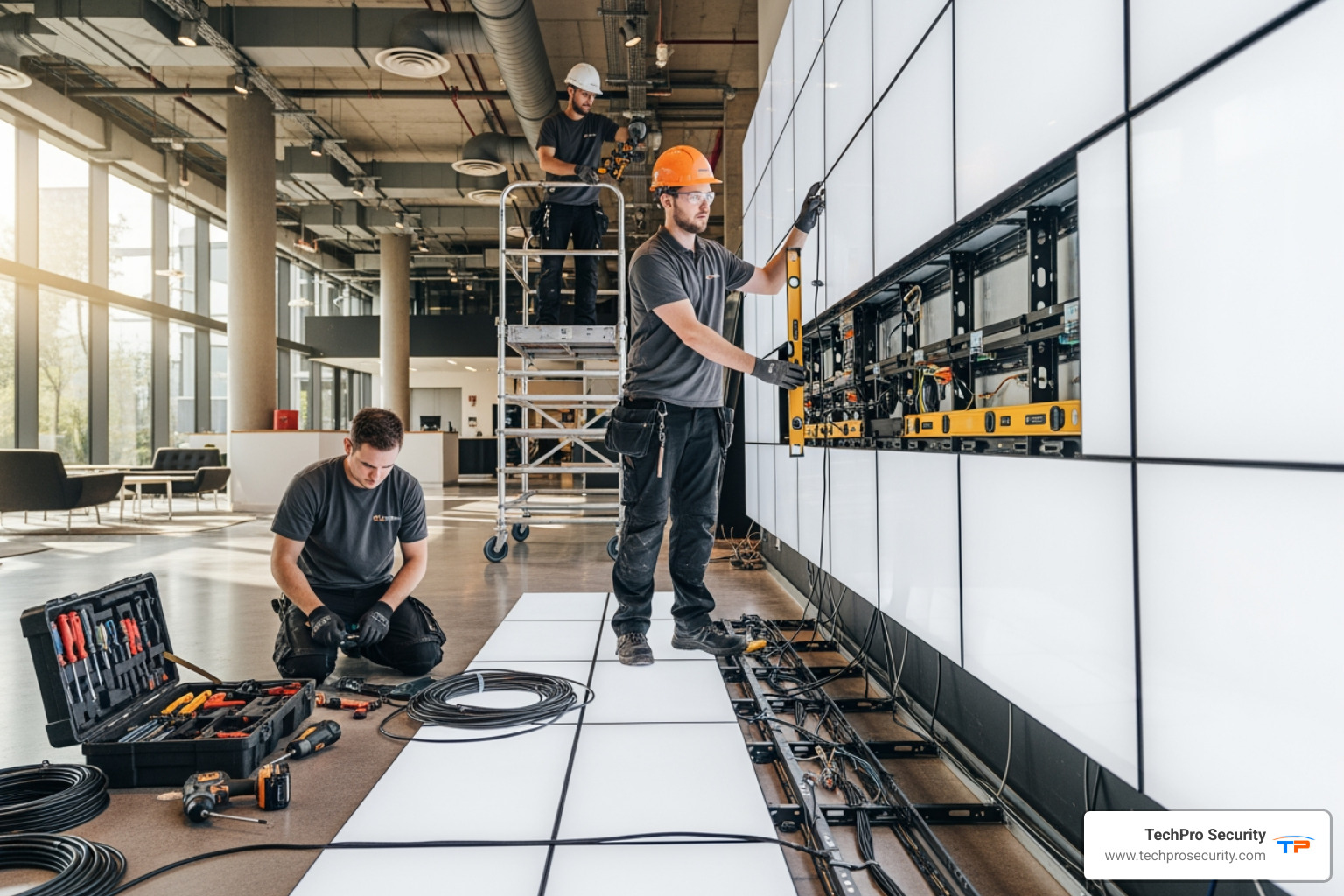 technicians installing a large video wall - audio visual co