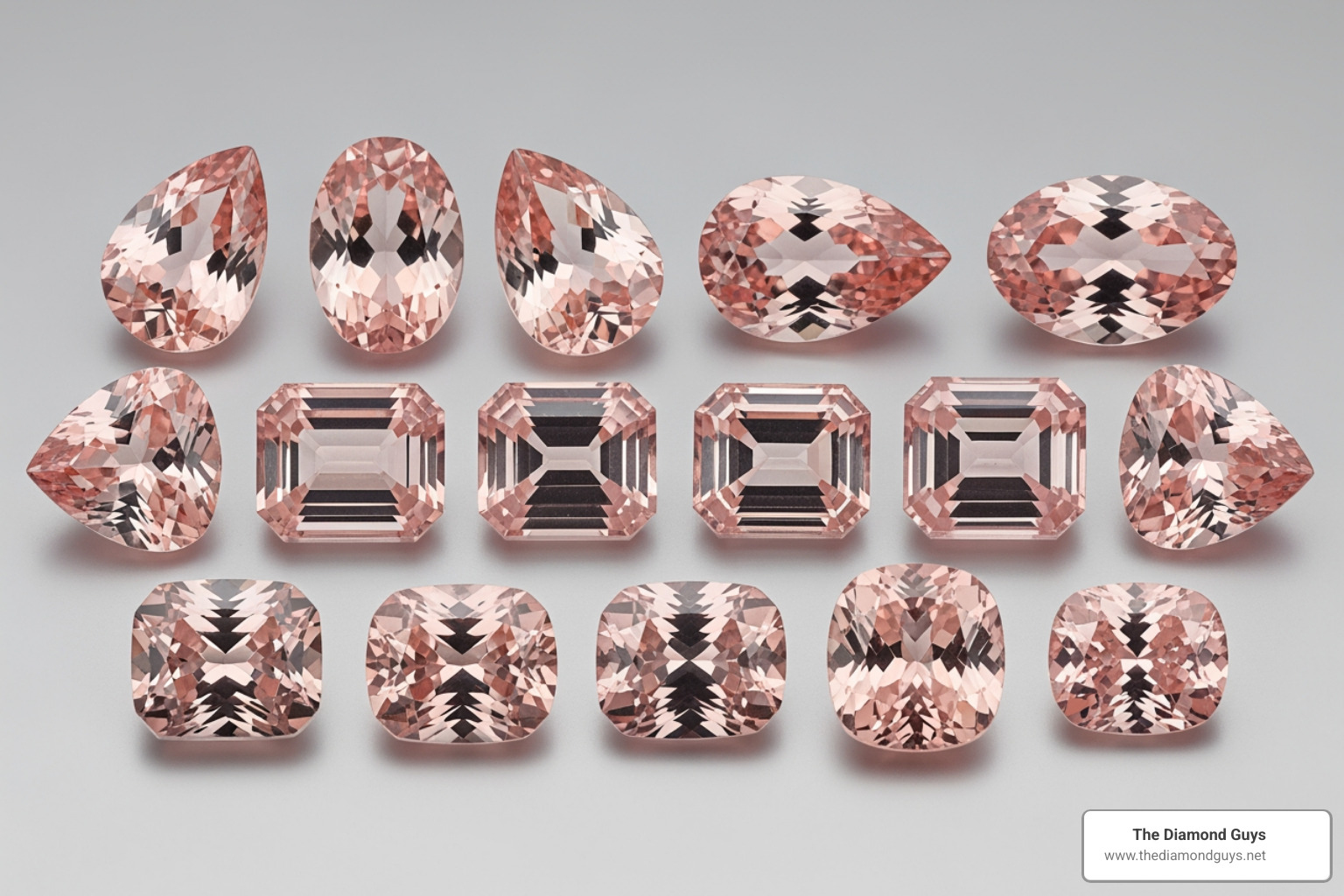 variety of morganite cuts like pear, emerald, and cushion - custom morganite ring