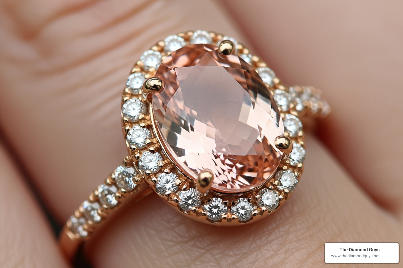 peachy-pink oval morganite ring in a rose gold halo setting - custom morganite ring