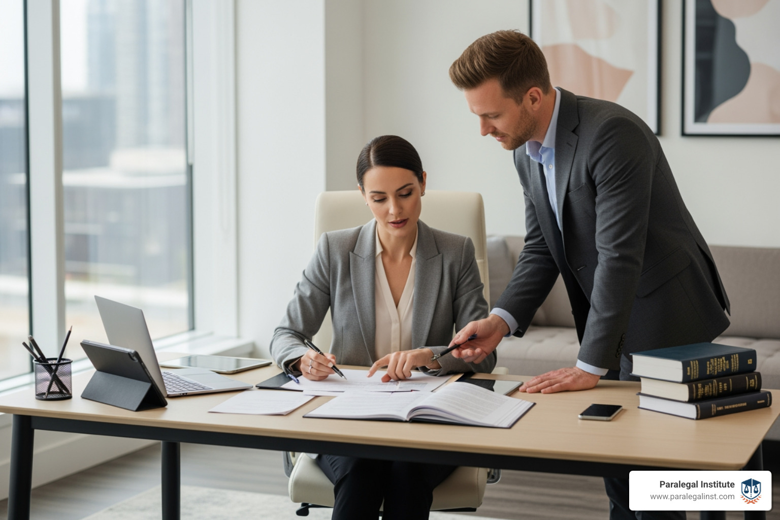 two legal professionals collaborating in a modern office - free paralegal certificate program