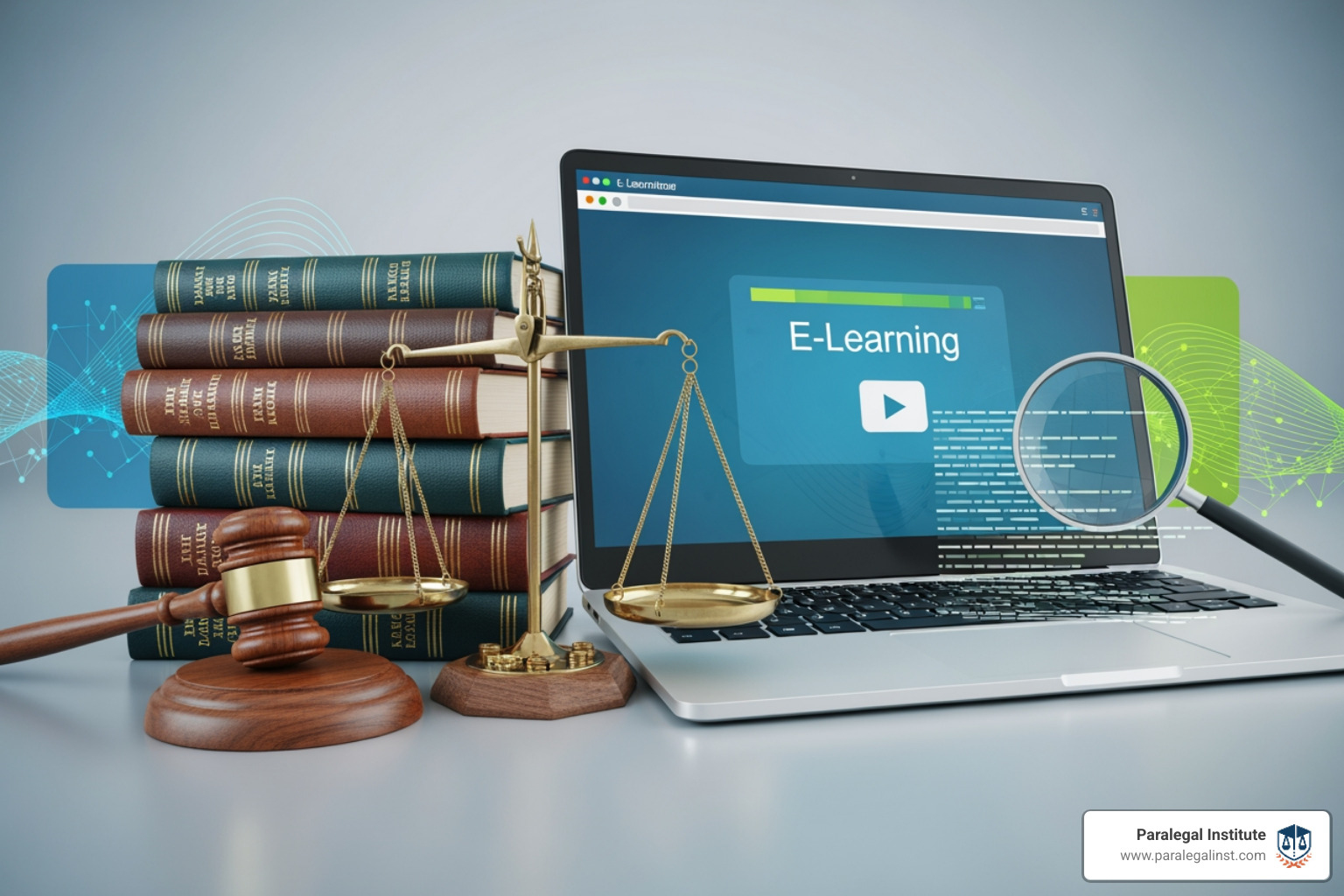 a digital collage with legal icons and online learning graphics - free paralegal certificate program