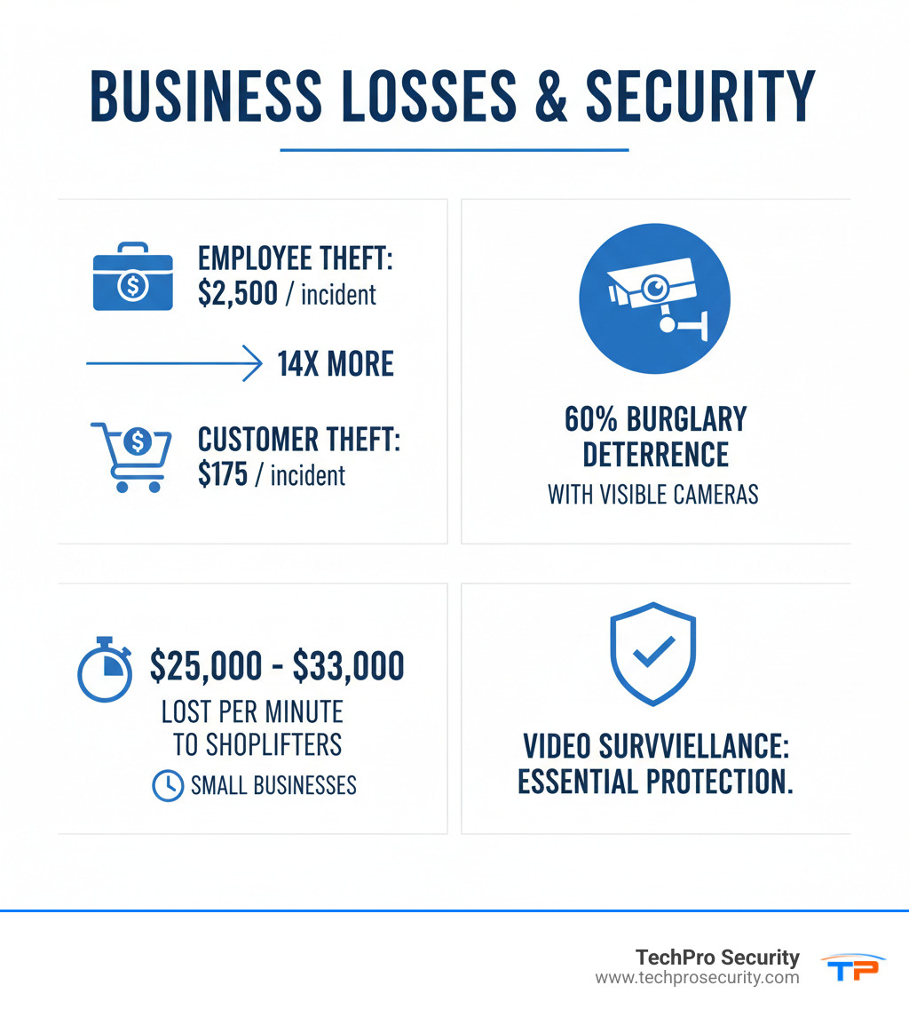 infographic showing employee theft averaging $2,500 per incident versus customer theft at $175, with 60% burglary deterrence rate when cameras are visible, and small businesses losing $25,000-$33,000 per minute to shoplifters - video surveillance for businesses infographic infographic showing employee theft averaging $2,500 per incident versus customer theft at $175, with 60% burglary deterrence rate when cameras are visible, and small businesses losing $25,000-$33,000 per minute to shoplifters - video surveillance for businesses infographic