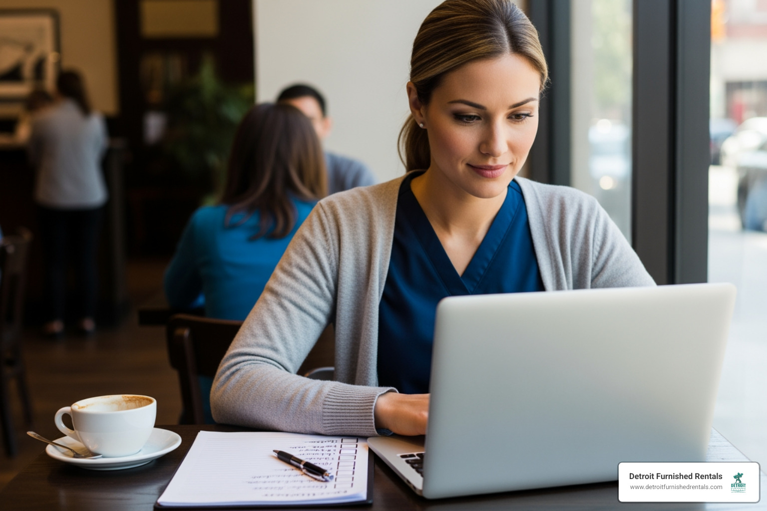 person browsing housing listings with a checklist - Medical professional temporary housing