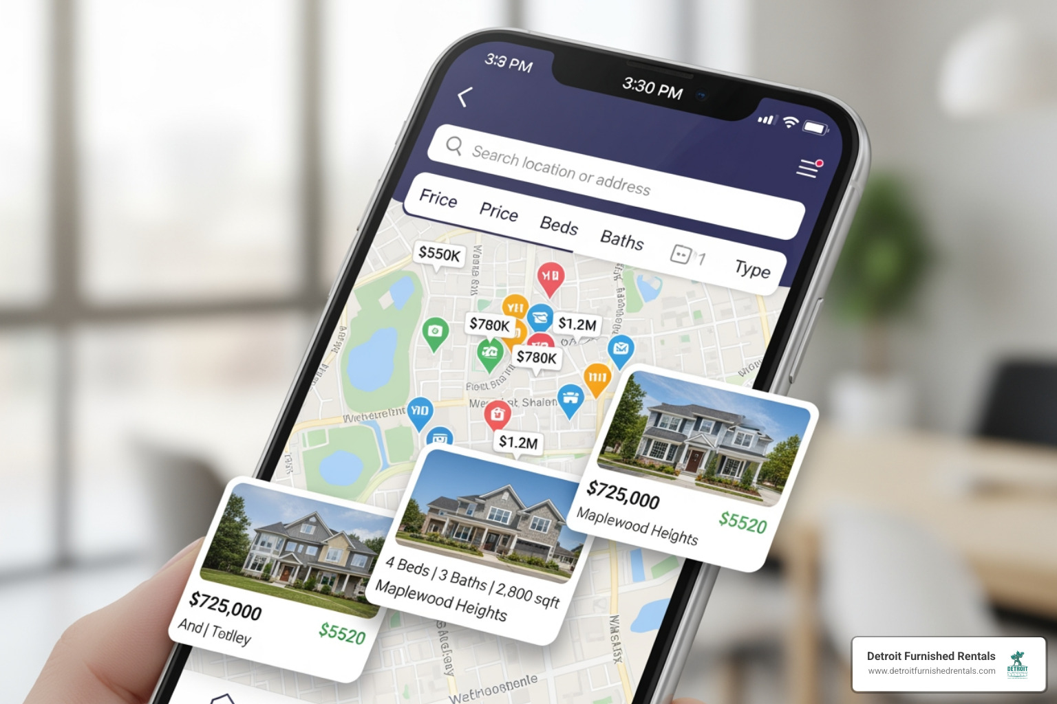 smartphone displaying housing app with map view - Medical professional temporary housing