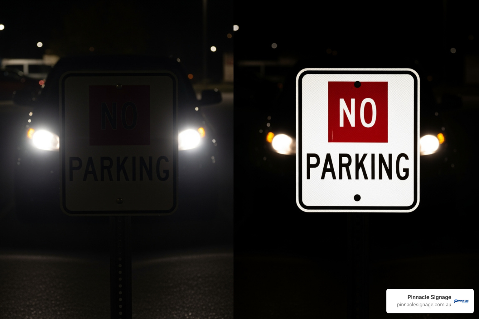 comparing a non-reflective sign and a reflective sign at night with headlights shining on them - reflective no parking