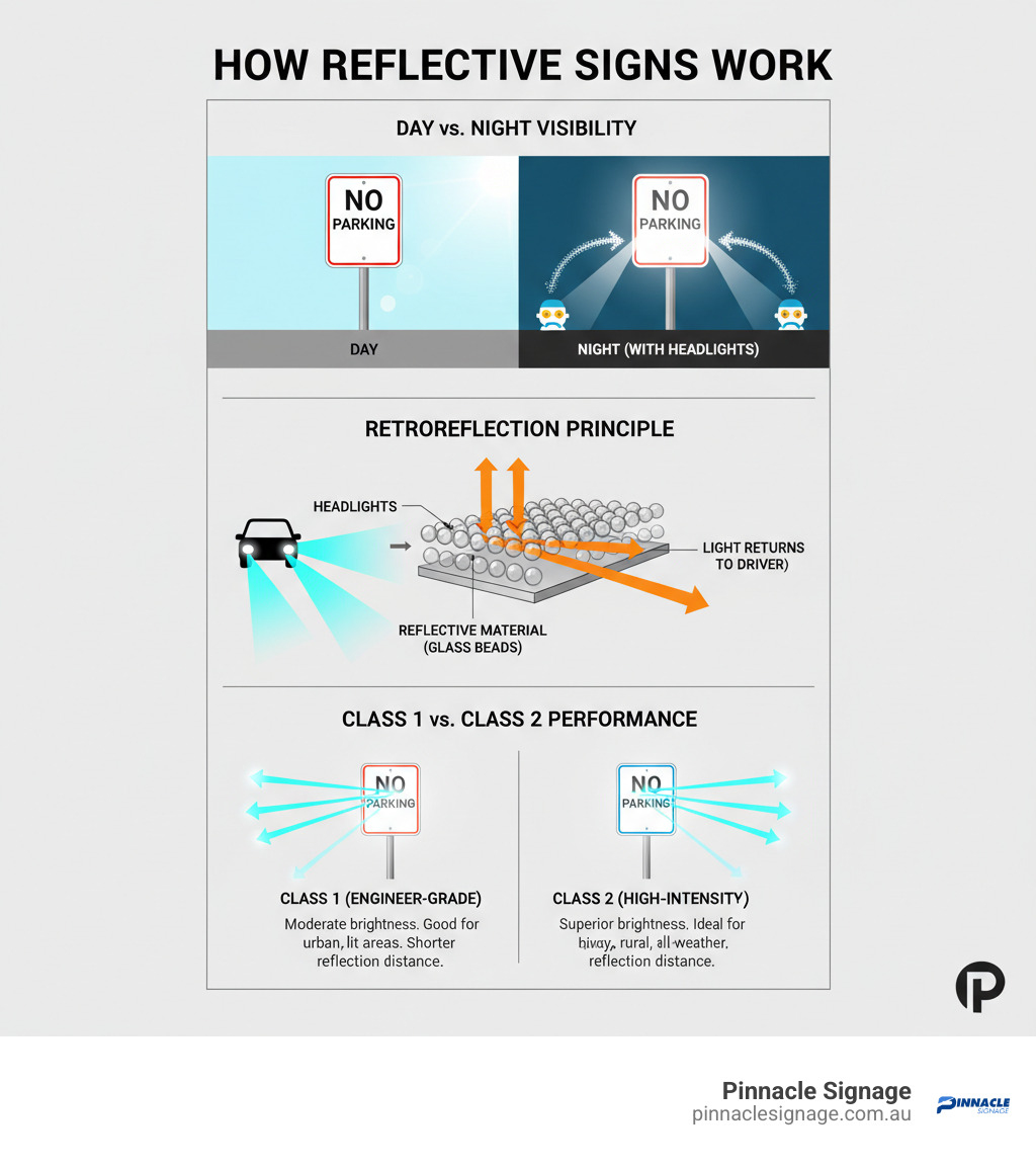 infographic showing how retroreflective material works with light rays from headlights bouncing back to driver, comparing daytime appearance versus night-time reflectivity, and illustrating the difference between Class 1 and Class 2 performance - reflective no parking infographic 