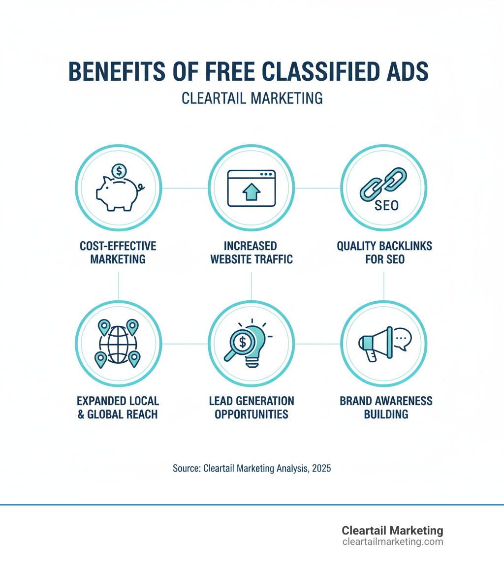 INFOGRAPHIC SHOWING KEY BENEFITS OF FREE CLASSIFIED ADS: COST-EFFECTIVE MARKETING, INCREASED WEBSITE TRAFFIC, QUALITY BACKLINKS FOR SEO, EXPANDED LOCAL AND GLOBAL REACH, LEAD GENERATION OPPORTUNITIES, AND BRAND AWARENESS BUILDING - FREE CLASSIFIEDS URL INFOGRAPHIC 