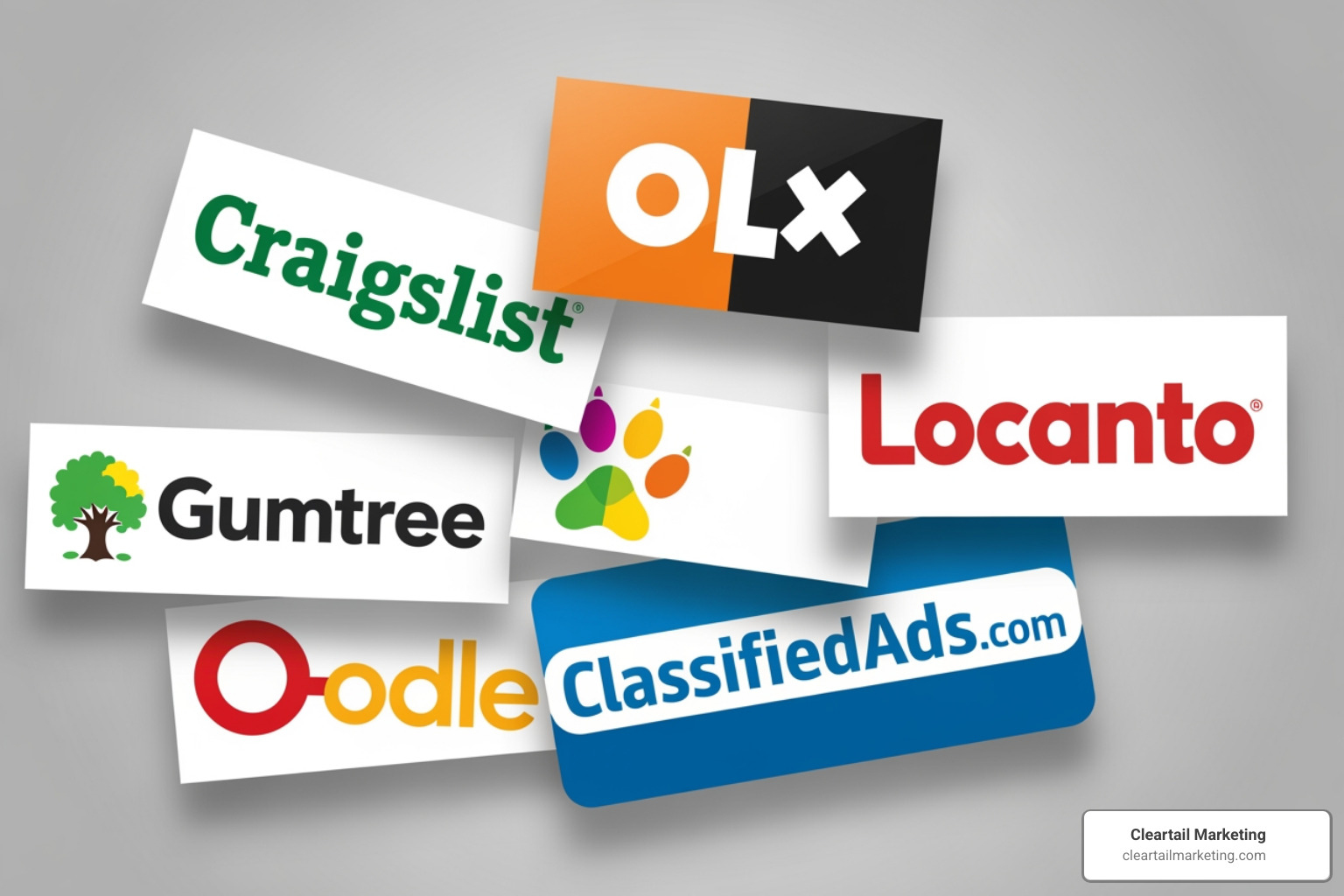 COLLAGE OF POPULAR CLASSIFIED AD WEBSITE LOGOS INCLUDING CRAIGSLIST, OLX, GUMTREE, CLASSIFIEDADS.COM, OODLE, LOCANTO - FREE CLASSIFIEDS URL
