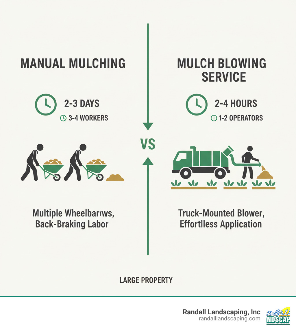 Infographic comparing manual mulching requiring 3-4 workers over 2-3 days with multiple wheelbarrows versus mulch blowing service requiring 1-2 operators completing the same large property in 2-4 hours using a truck-mounted blower and hose system - mulch blowing companies infographic 