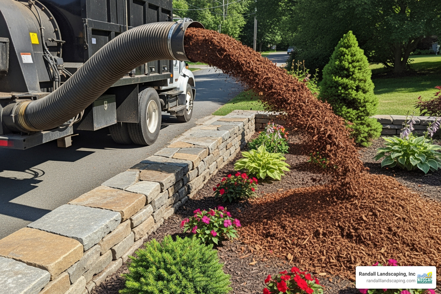 mulch blowing hose reaching over a retaining wall - mulch blowing companies