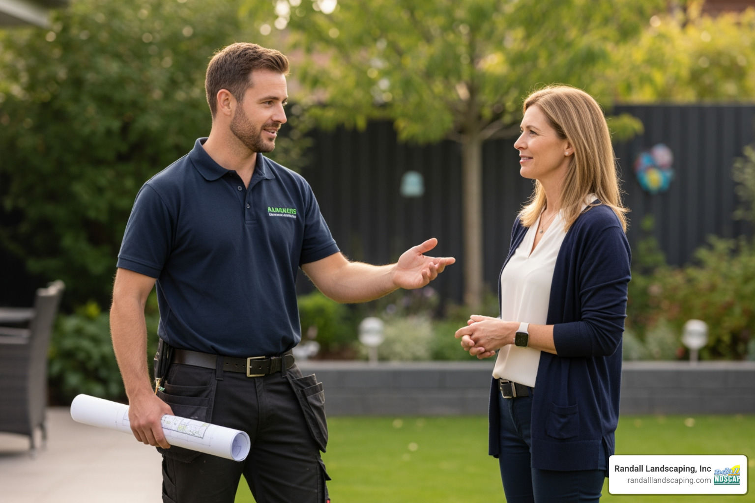 landscaper discussing project with homeowner - mulch blowing companies