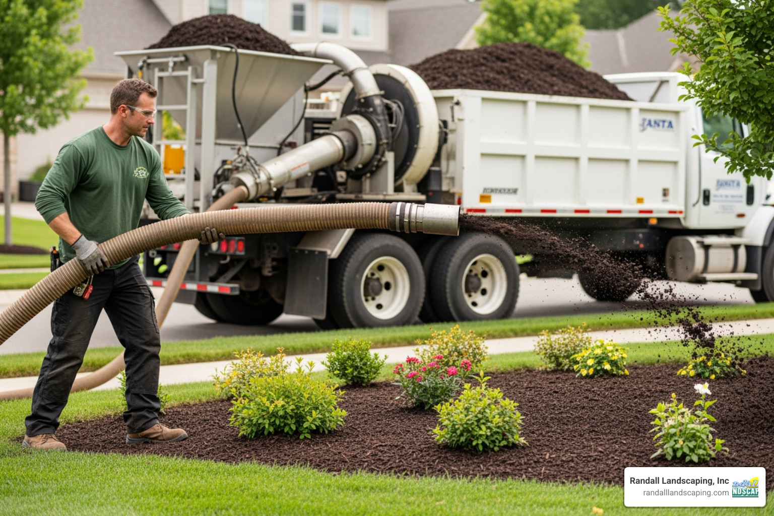 operator managing mulch hose - mulch blowing companies