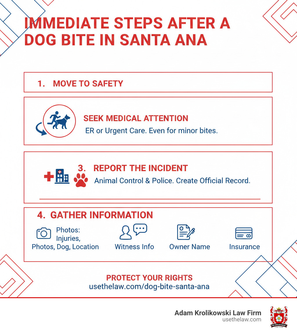Infographic showing the immediate steps after a dog bite: First, move to safety away from the dog. Second, seek medical attention immediately at an emergency room or urgent care, even for minor bites. Third, report the incident to local animal control and police to create an official record. Fourth, gather information including photos of injuries, the dog, and location; collect witness contact details; and document the dog owner's name and insurance information. - Dog bite legal services infographic 