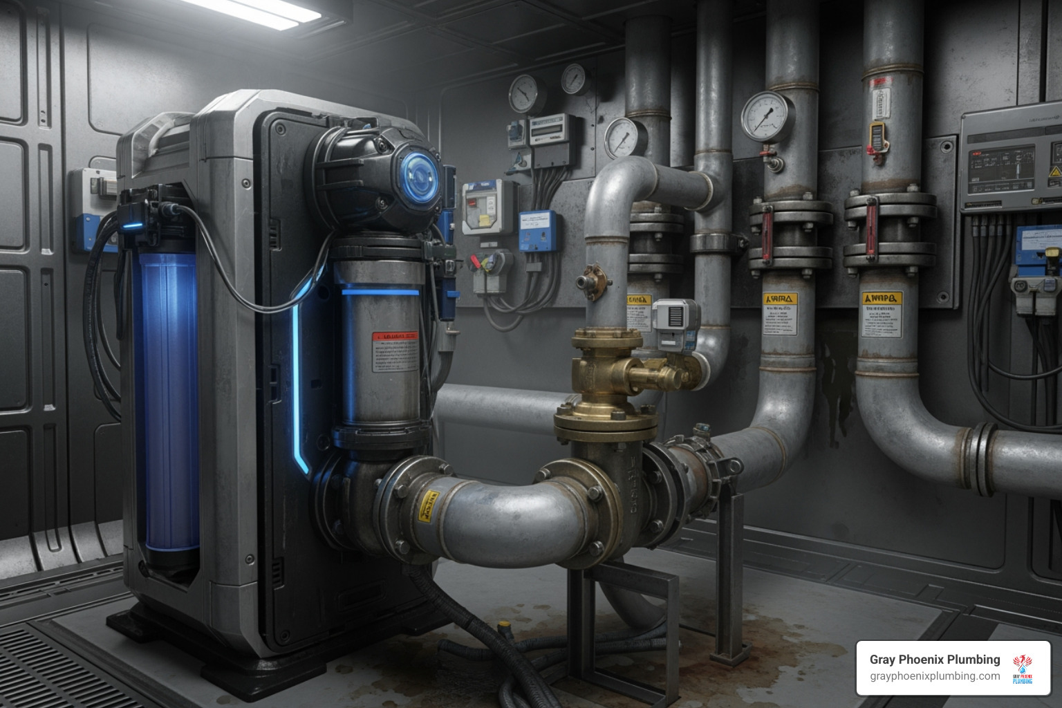 Halo 5 unit with bypass valve and inlet/outlet pipes being connected - Halo 5 Water Filtration Installation