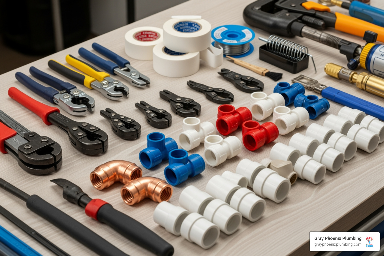 necessary tools and supplies laid out neatly (pipe cutters, solder, tape, fittings) - Halo 5 Water Filtration Installation