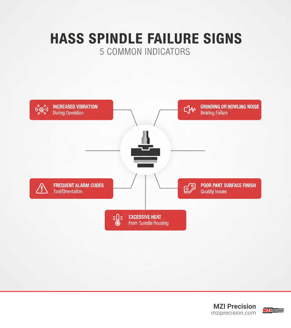 INFOGRAPHIC SHOWING 5 COMMON SIGNS OF HAAS SPINDLE FAILURE: 1) INCREASED VIBRATION DURING OPERATION, 2) GRINDING OR HOWLING BEARING NOISE, 3) POOR PART SURFACE FINISH AND QUALITY ISSUES, 4) EXCESSIVE HEAT FROM SPINDLE HOUSING, 5) FREQUENT ALARM CODES RELATED TO TOOL RELEASE OR ORIENTATION - HAAS SPINDLE REBUILD INFOGRAPHIC 