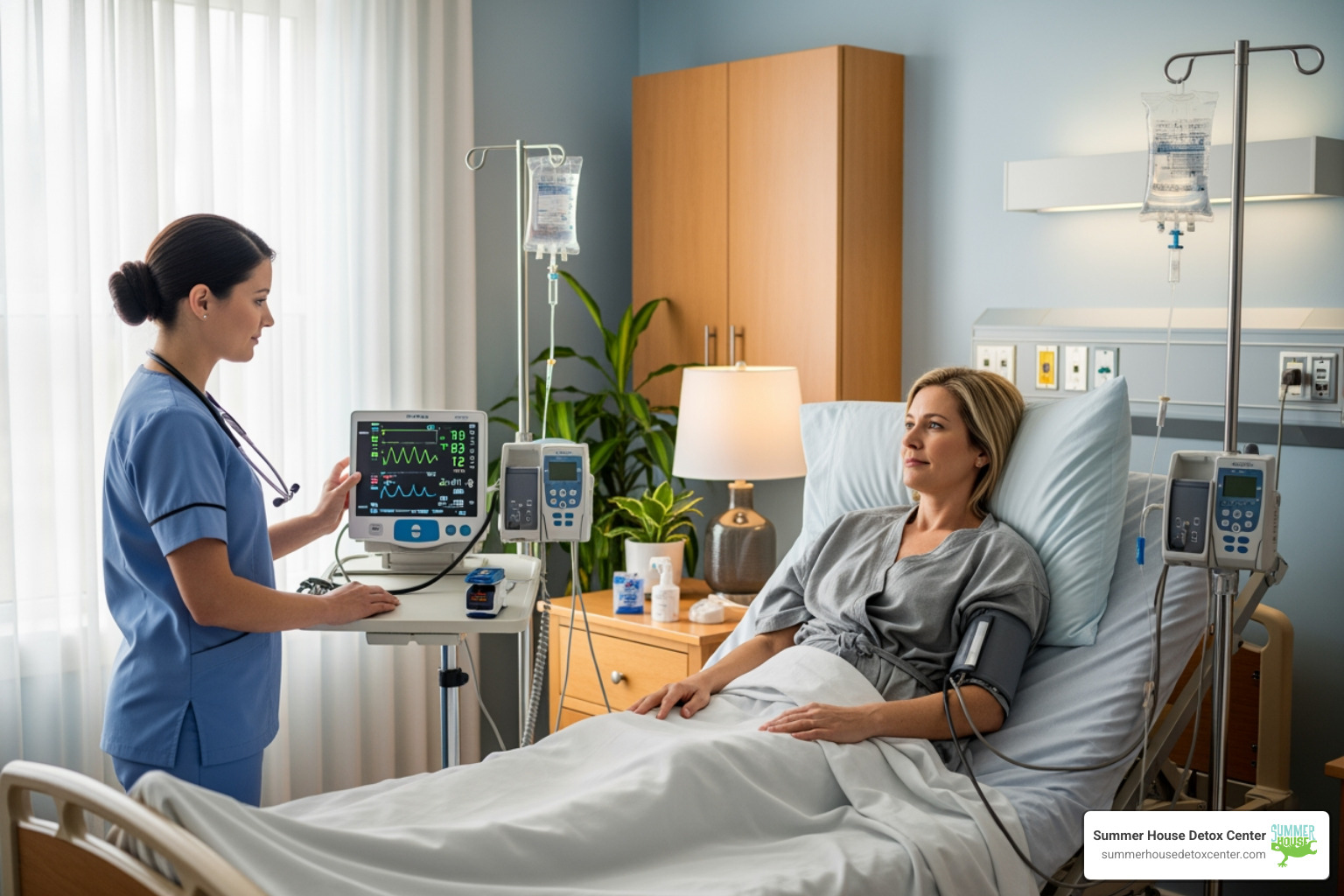 nurse monitoring a patient's vitals in a comfortable, private detox room - alcohol withdrawal management