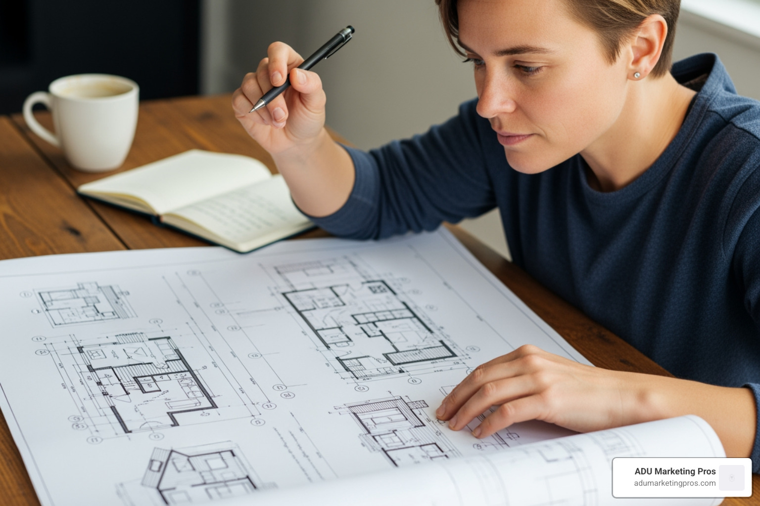 person reviewing blueprints for a tiny home - tiny homes Bay Area person reviewing blueprints for a tiny home - tiny homes Bay Area
