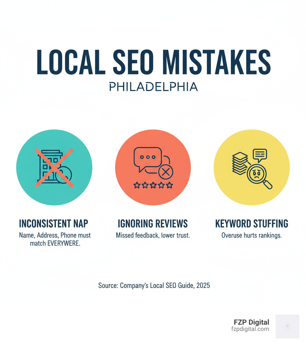 Infographic showing common Local SEO mistakes like inconsistent NAP, ignoring reviews, and keyword stuffing - Local SEO Philadelphia infographic Infographic showing common Local SEO mistakes like inconsistent NAP, ignoring reviews, and keyword stuffing - Local SEO Philadelphia infographic