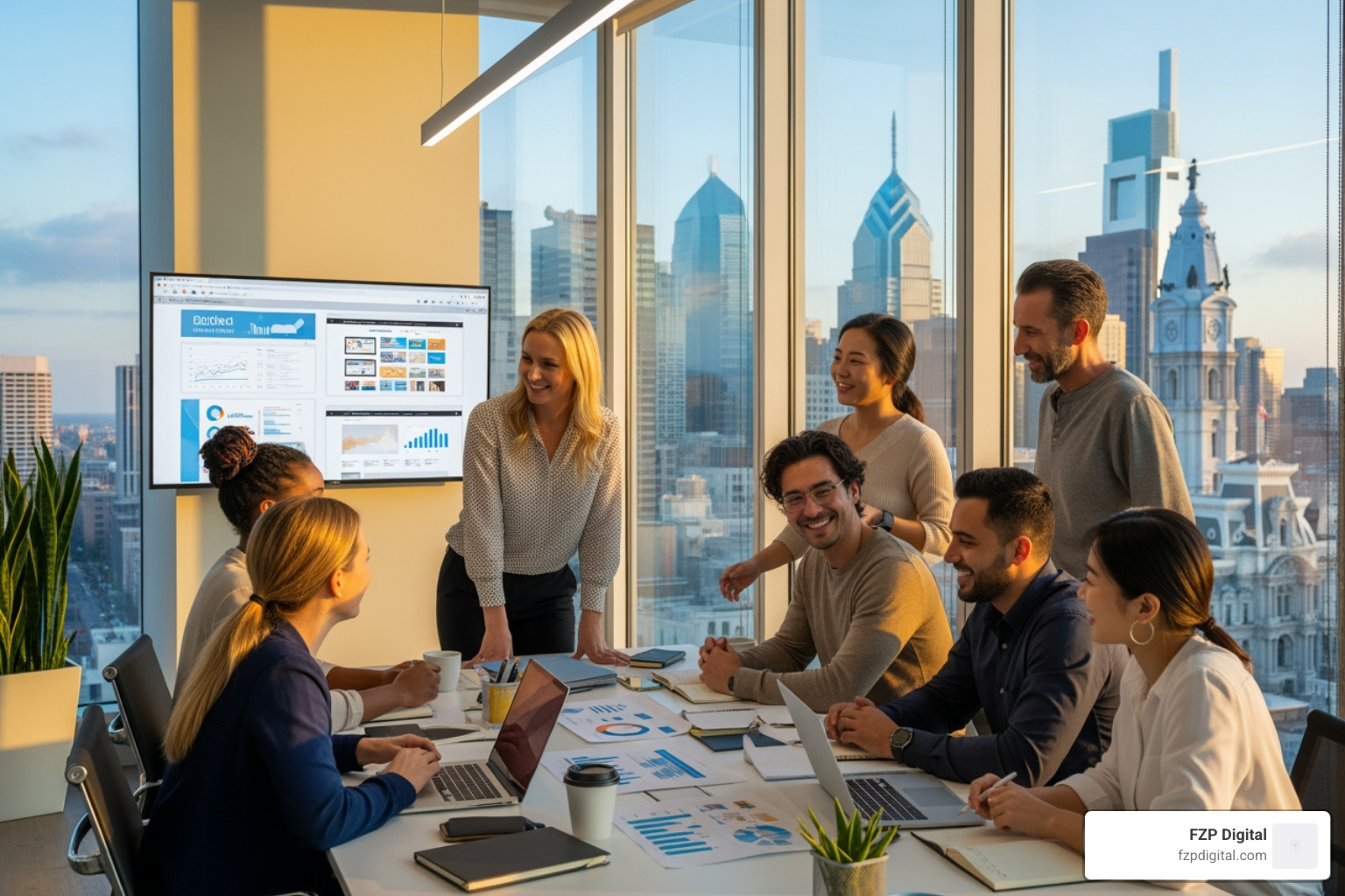 A friendly team meeting in a modern office, possibly overlooking a Philadelphia landmark, with diverse individuals collaborating on a digital marketing strategy. - Local SEO Philadelphia A friendly team meeting in a modern office, possibly overlooking a Philadelphia landmark, with diverse individuals collaborating on a digital marketing strategy. - Local SEO Philadelphia