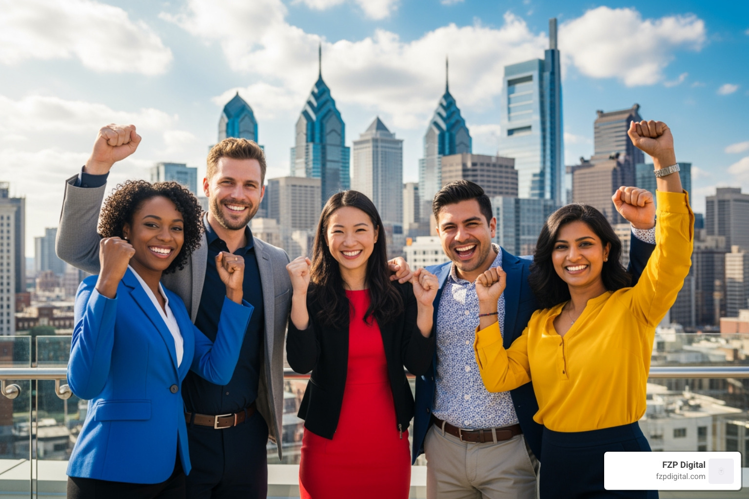 A friendly group of business owners celebrating a successful local SEO campaign in Philadelphia, with the city skyline in the background. - Local SEO Philadelphia A friendly group of business owners celebrating a successful local SEO campaign in Philadelphia, with the city skyline in the background. - Local SEO Philadelphia