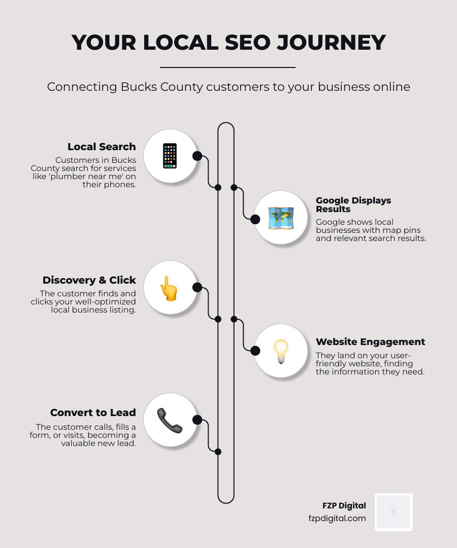 Infographic showing the local SEO journey: A customer searches for a local service on their phone, Google displays local business results with map pins showing Bucks County locations, the customer clicks through to a well-optimized local business website, and finally converts by calling or submitting a contact form - seo company bucks county infographic infographic-line-5-steps-elegant_beige