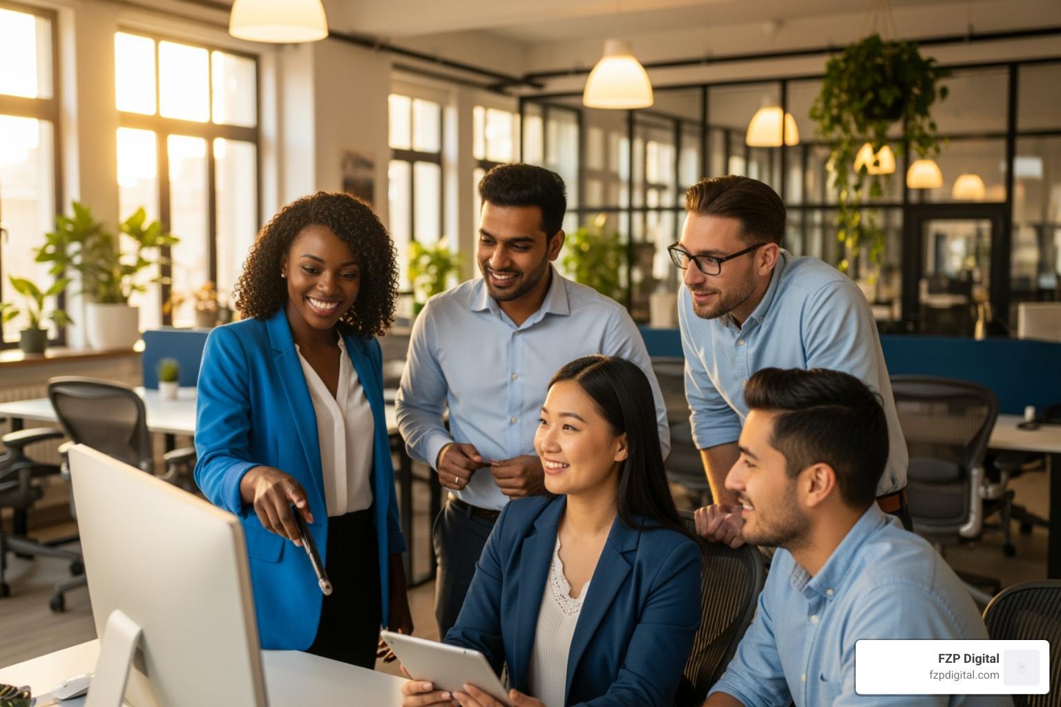 A happy, collaborative team of diverse professionals around a computer, smiling and engaging with each other - seo company bucks county