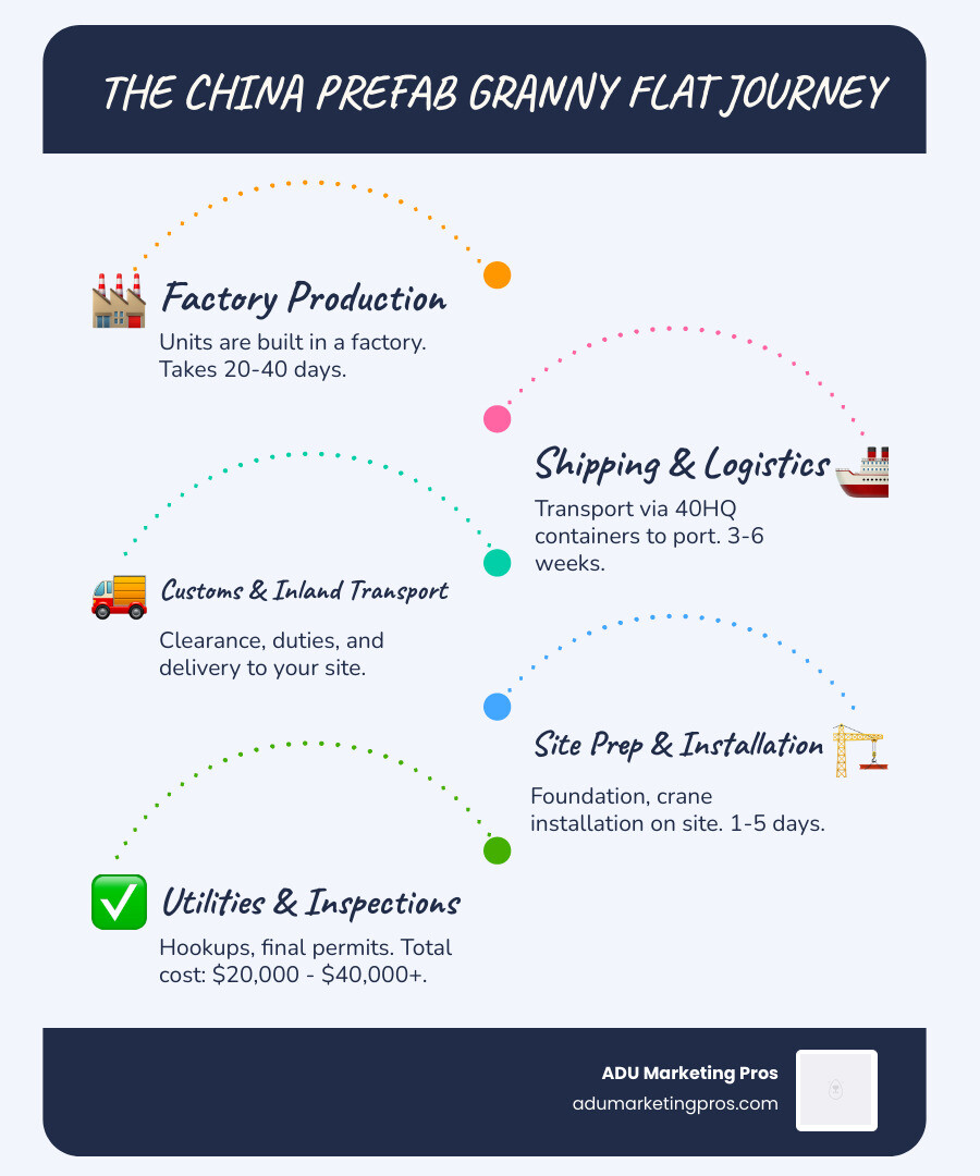 Infographic showing the complete journey of a China prefab granny flat: factory production (20-40 days), shipping via 40HQ container (3-6 weeks), customs clearance, inland transport, site preparation with foundation, crane installation (1-5 days), utility hookups, and permit inspections—with cost breakdown at each stage from $6,000 base unit to $30,000+ total landed cost - china granny flat prefab home infographic infographic-line-5-steps-blues-accent_colors Infographic showing the complete journey of a China prefab granny flat: factory production (20-40 days), shipping via 40HQ container (3-6 weeks), customs clearance, inland transport, site preparation with foundation, crane installation (1-5 days), utility hookups, and permit inspections—with cost breakdown at each stage from $6,000 base unit to $30,000+ total landed cost - china granny flat prefab home infographic infographic-line-5-steps-blues-accent_colors