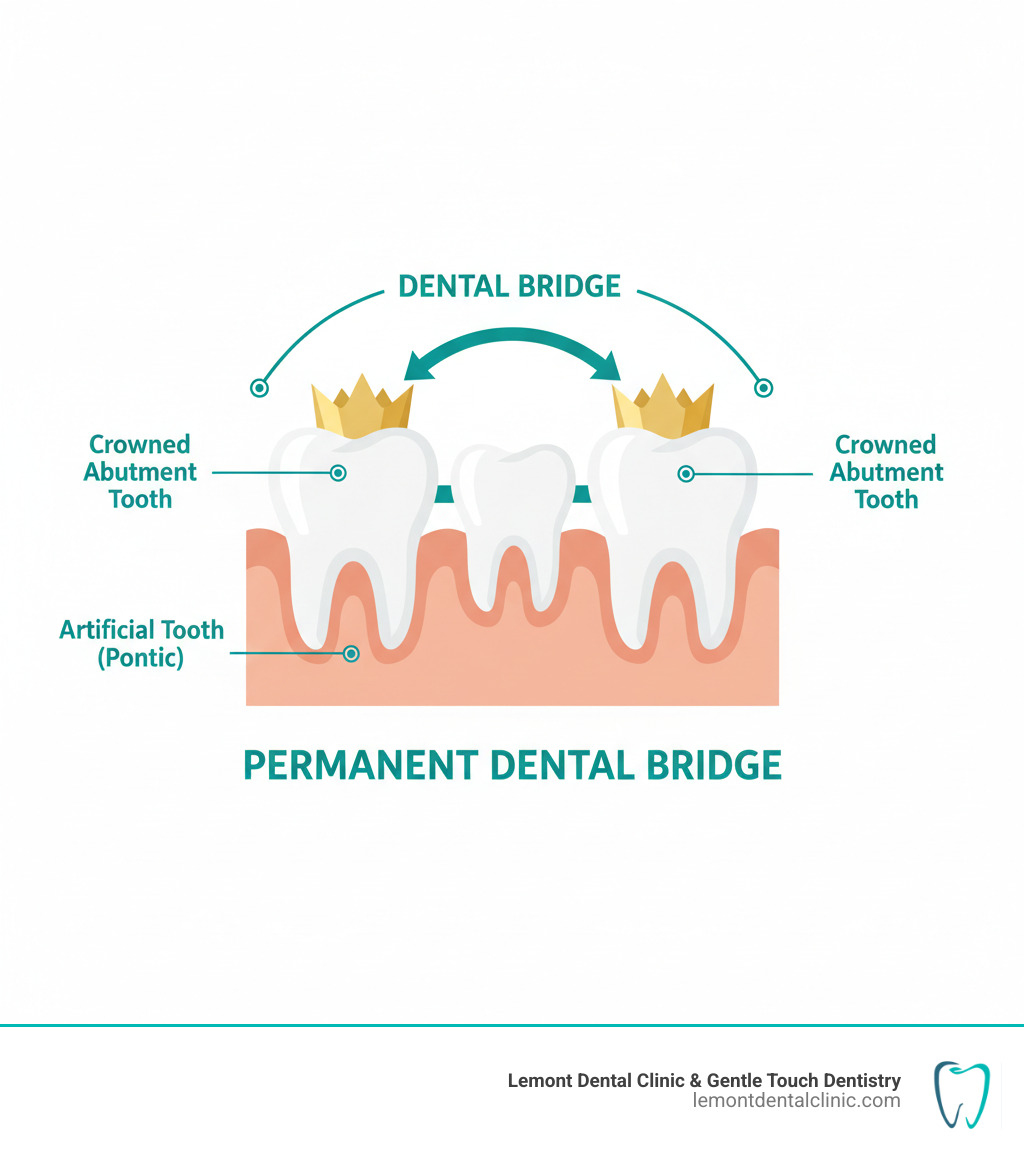 infographic showing a dental bridge with two crowned abutment teeth on either side supporting an artificial tooth in the middle, with labels pointing to each component and arrows showing how the bridge fills the gap - permanent bridge teeth infographic infographic showing a dental bridge with two crowned abutment teeth on either side supporting an artificial tooth in the middle, with labels pointing to each component and arrows showing how the bridge fills the gap - permanent bridge teeth infographic