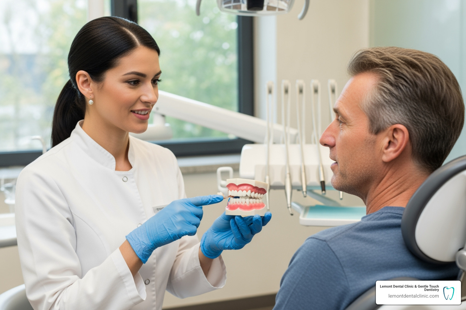 Dentist explaining dental bridge model to a patient - permanent bridge teeth Dentist explaining dental bridge model to a patient - permanent bridge teeth
