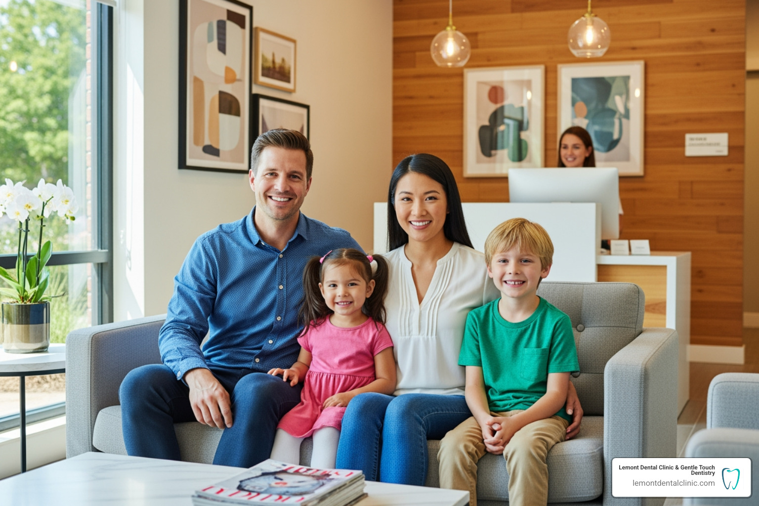 A happy family smiling in a dental office - permanent bridge teeth A happy family smiling in a dental office - permanent bridge teeth
