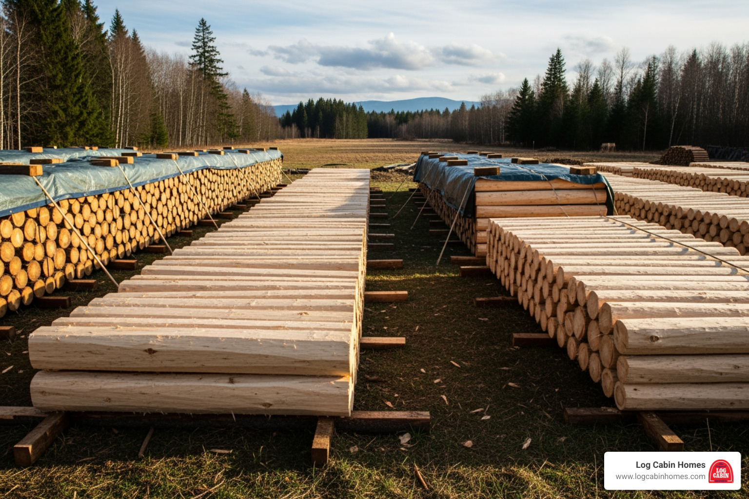 neatly stacked, peeled logs drying - building a log cabin neatly stacked, peeled logs drying - building a log cabin
