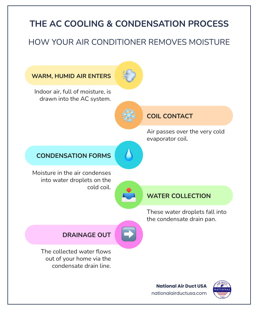 Infographic showing the AC cooling process: warm humid air entering the system, passing over the cold evaporator coil where moisture condenses into water droplets, collecting in the drain pan below, and flowing through the PVC condensate drain line to exit outside the home - central air condensate drain clogged infographic infographic-line-5-steps-colors