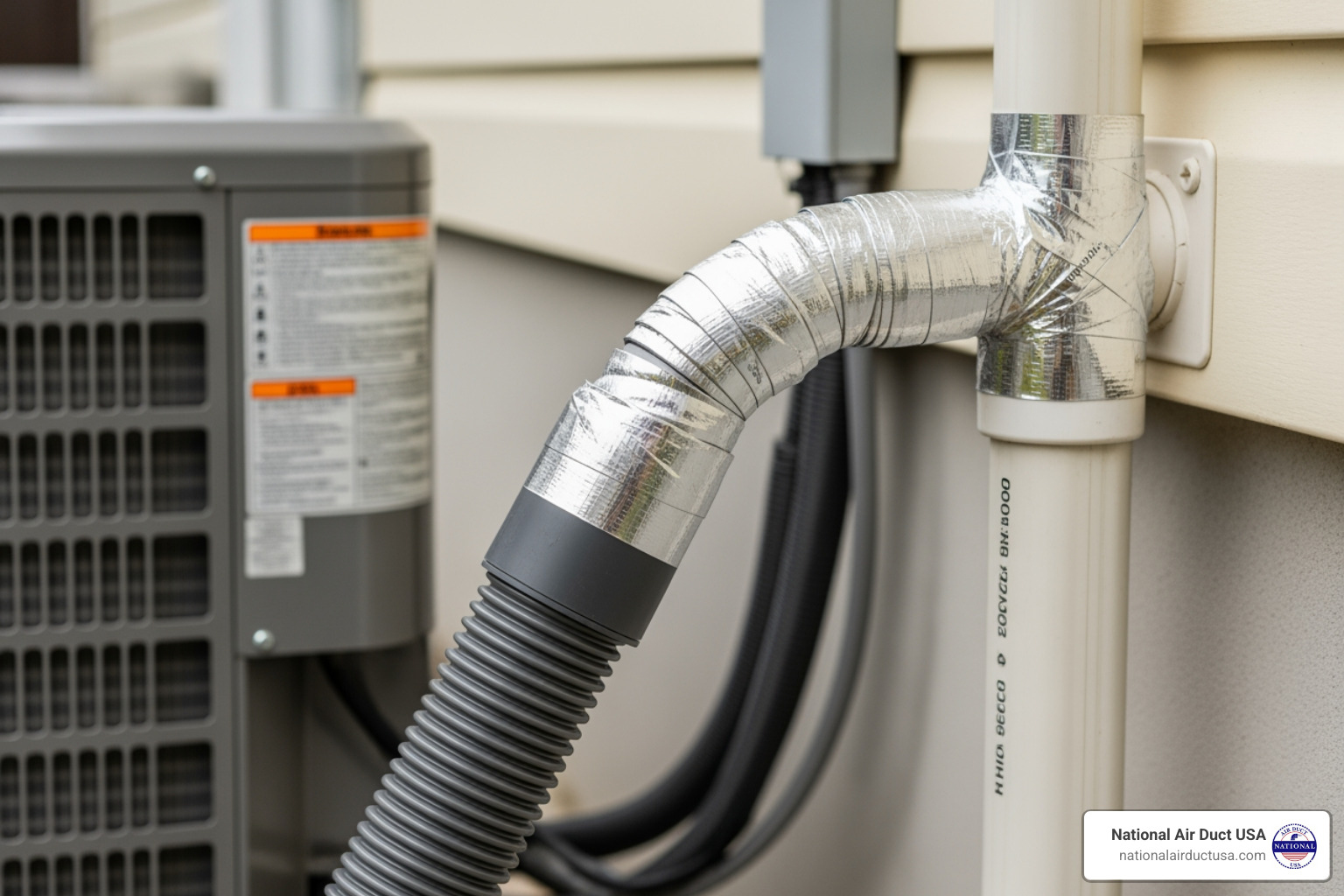 A wet/dry vacuum hose, sealed with duct tape, attached to the outdoor condensate drain pipe of an AC unit - central air condensate drain clogged