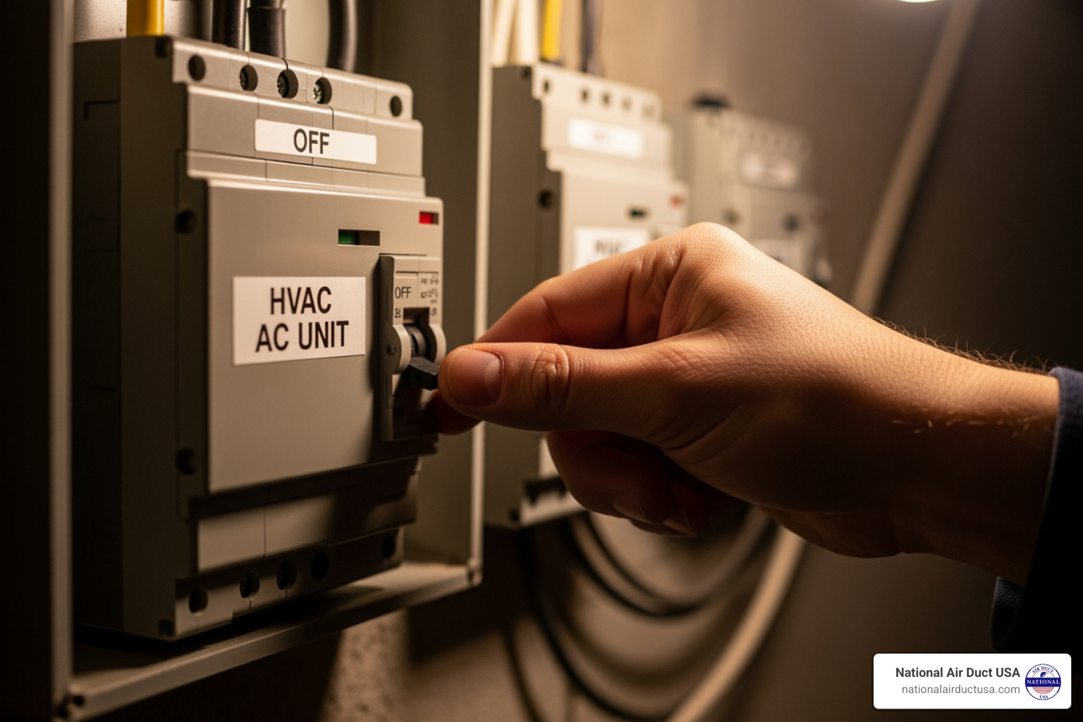 A homeowner's hand turning off the power switch to their HVAC system at the electrical breaker box - central air condensate drain clogged