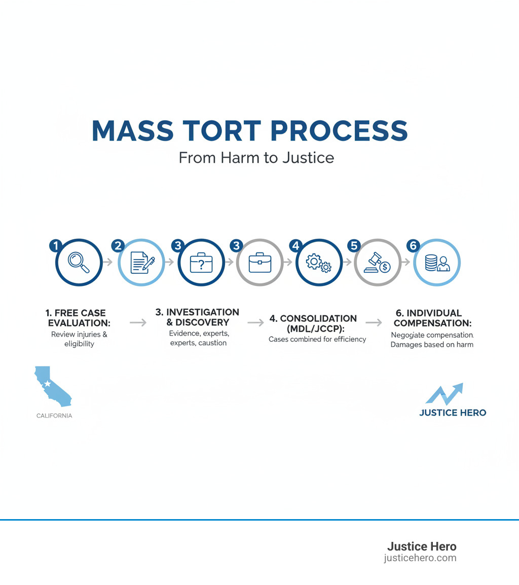 Infographic showing the mass tort process: 1. Free Case Evaluation - Review your injuries and determine eligibility. 2. Filing Your Claim - Lawyer files lawsuit while coordinating with similar cases. 3. Investigation & Discovery - Evidence gathering, expert testimony, proving causation. 4. Consolidation (MDL/JCCP) - Cases combined for efficiency while maintaining individual claims. 5. Settlement or Trial - Negotiate compensation or proceed to bellwether trials. 6. Individual Compensation - Each plaintiff receives damages based on their specific harm. - mass tort lawyer California infographic 