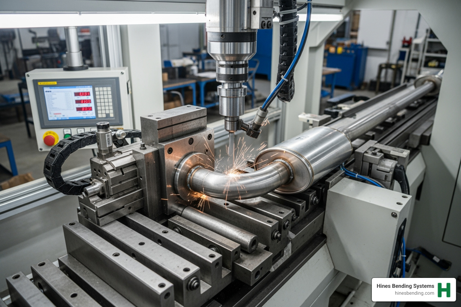 A Hines CNC bending machine in operation, precisely bending a metal pipe - how to bend pipes for exhaust A Hines CNC bending machine in operation, precisely bending a metal pipe - how to bend pipes for exhaust