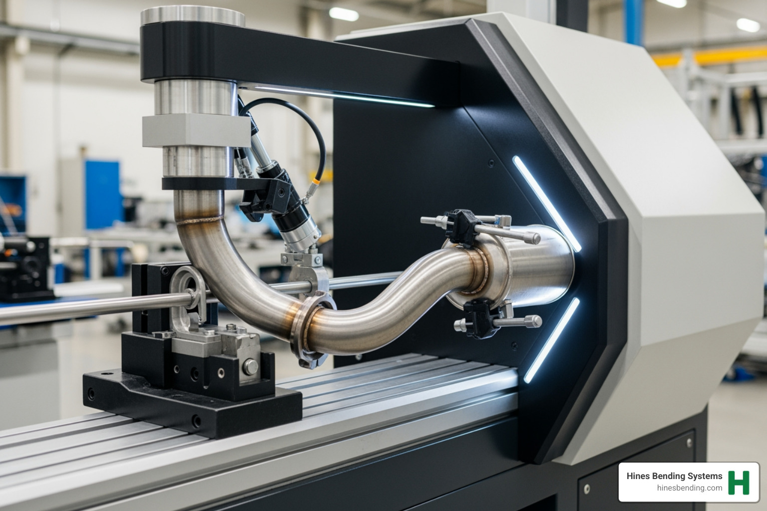 Hines Bending Systems machines in action, showing a pipe being precisely bent - how to bend pipes for exhaust Hines Bending Systems machines in action, showing a pipe being precisely bent - how to bend pipes for exhaust