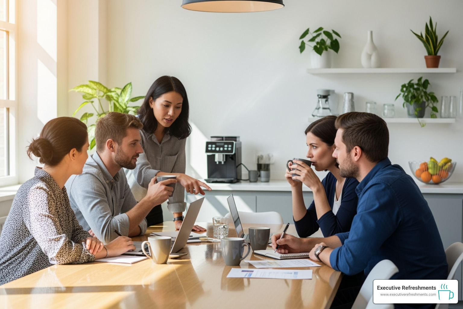 colleagues collaborating over coffee in a bright modern breakroom - Five star coffee service colleagues collaborating over coffee in a bright modern breakroom - Five star coffee service
