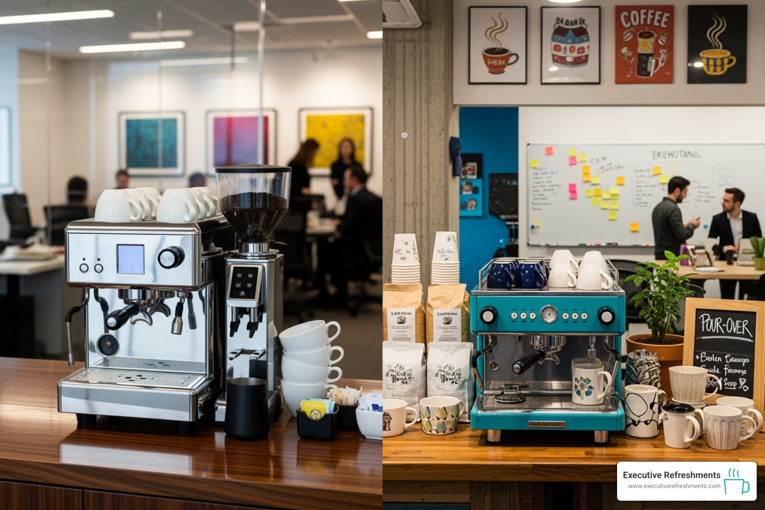 sleek coffee station in a corporate law office contrasted with a vibrant setup in a creative agency - Five star coffee service sleek coffee station in a corporate law office contrasted with a vibrant setup in a creative agency - Five star coffee service